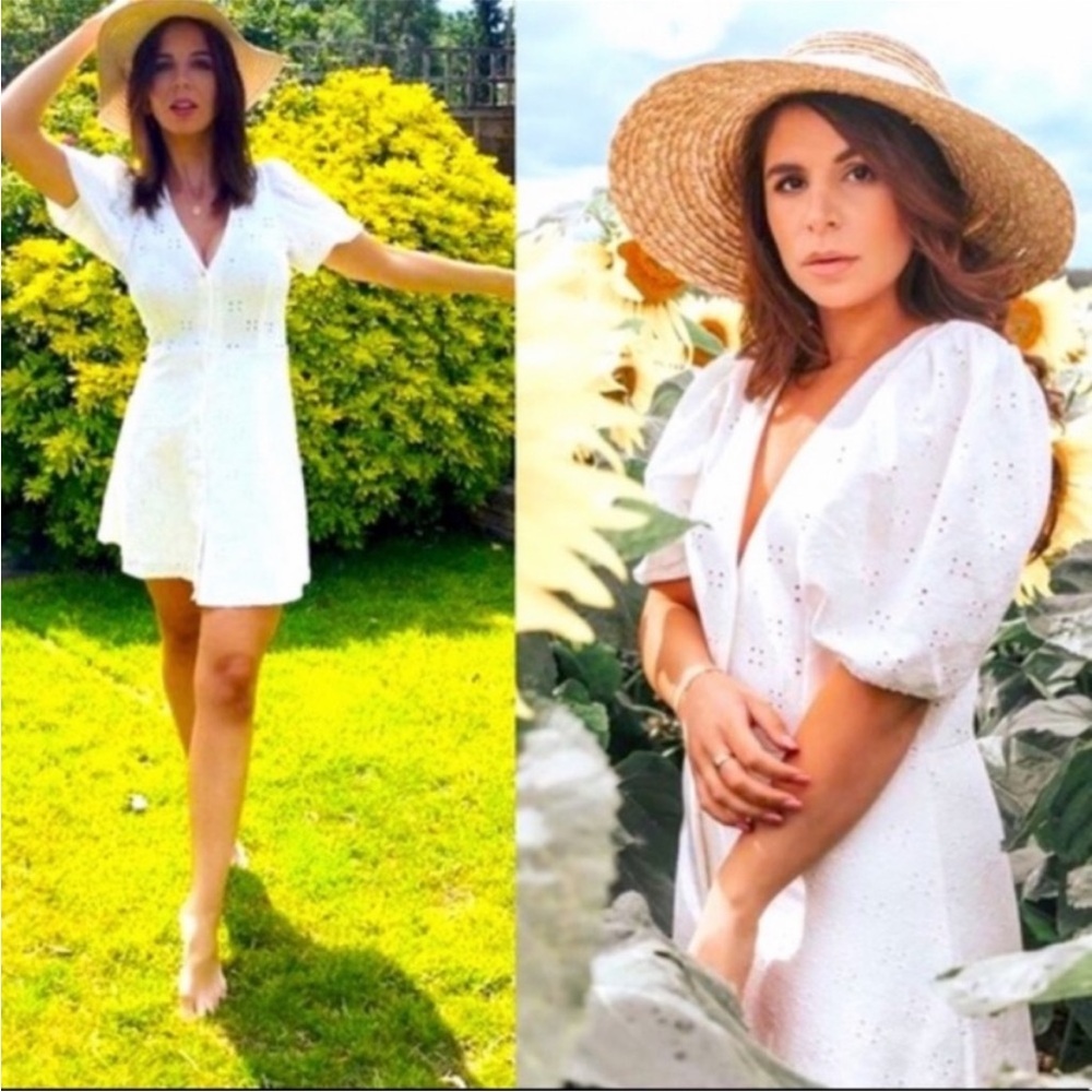 H&M White Cotton Eyelet Button Front Mini Dress Size XL